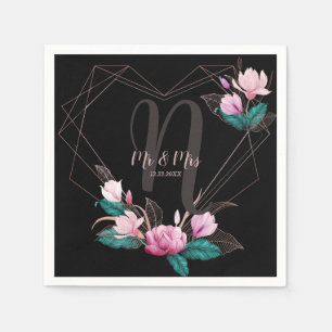 Wedding Party Pink Floral Geometric Frame Black Napkin