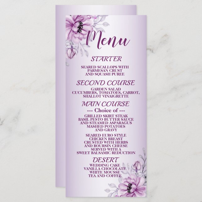 Wedding Party Pink Floral Violet Frame Modern Menu (Front/Back)