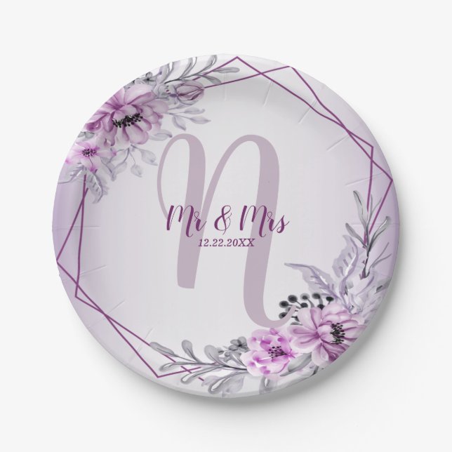 Wedding Party Pink Floral Violet Purple Frame Paper Plate (Front)