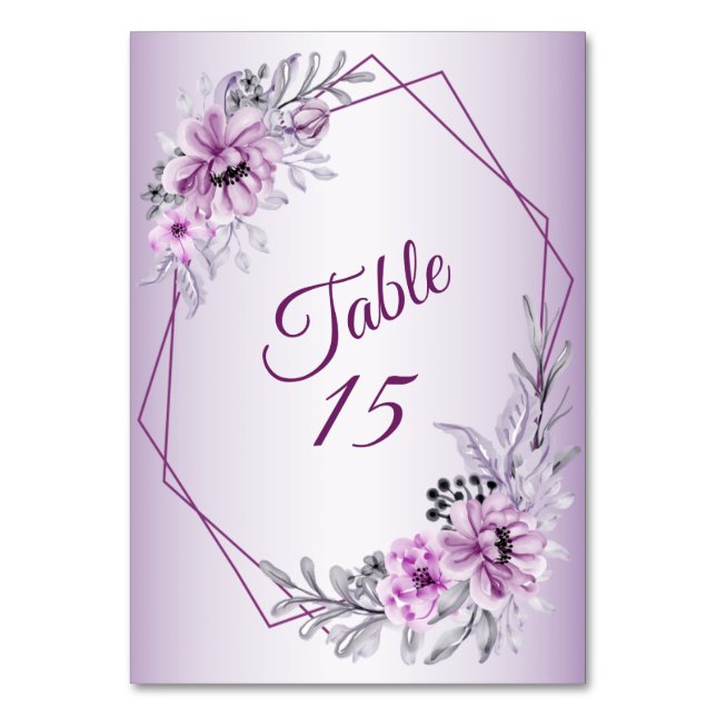 Wedding Party Pink Floral Violet Purple Frame Table Number (Front)