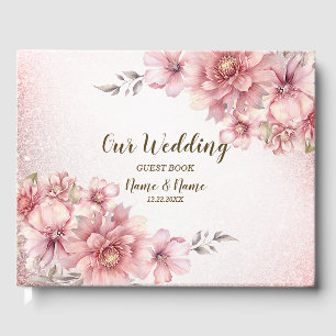 Wedding Party Pink Watercolor Flower Shiny Glitter Guest Book