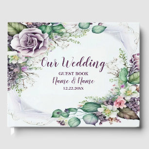 Wedding Party Purple Floral Green Foliage Rustic Guest Book