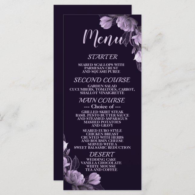Wedding Party Purple Floral Violet Elegant Rustic Menu (Front/Back)