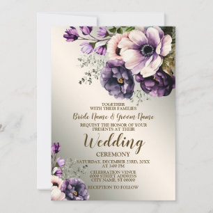Wedding Party Purple Pink Flowers Golden Elegant Invitation