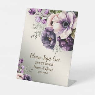 Wedding Party Purple Pink Flowers Golden Elegant Pedestal Sign