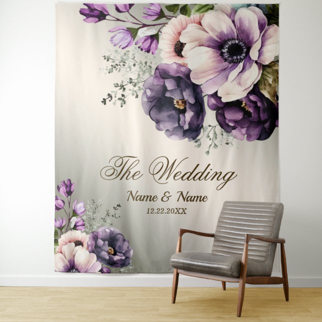 Wedding Party Purple Pink Flowers Golden Elegant Tapestry (In Situ)