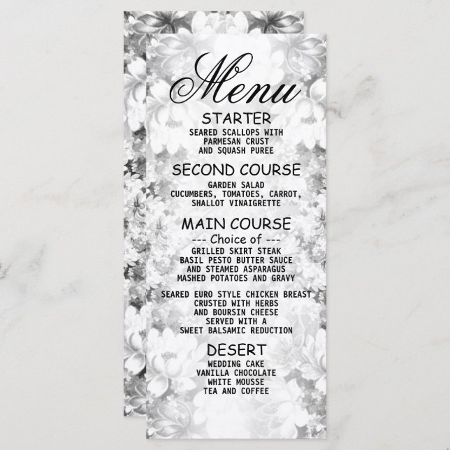 Wedding Party Silver Floral Elegant Dinner Menu (Front/Back)