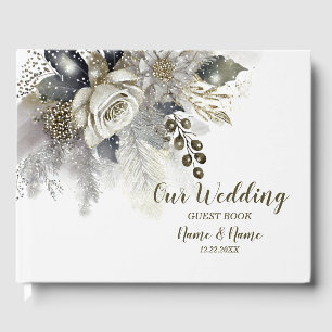 Wedding Party Silver Golden White Roses Flowers Guest Book