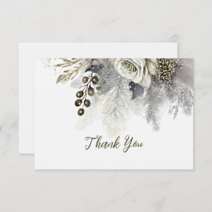Wedding Party Silver Golden White Roses Flowers Thank You Card