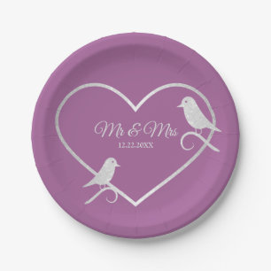 Wedding Party Silver Grey Heart Pink Elegant Paper Plate