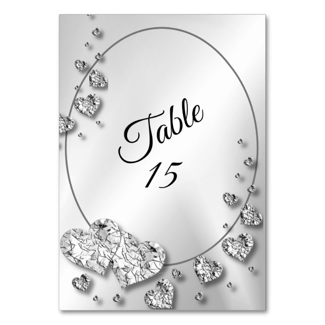 Wedding Party Silver Grey Shiny Hearts Elegant Table Number (Front)