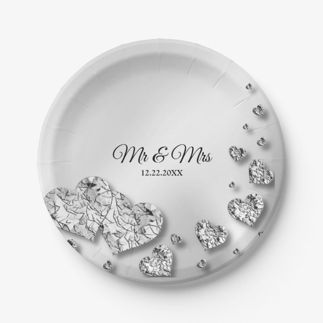 Wedding Party Silver Hearts Grey Elegant Paper Plate (Front)