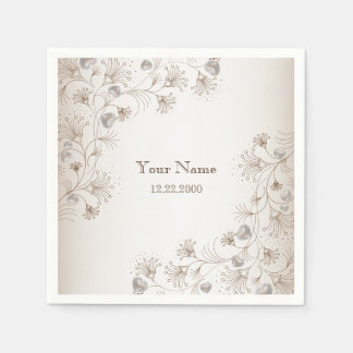 Wedding Party Tan Floral Heart Beige Elegant Napkin