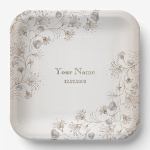 Wedding Party Tan Floral Heart Beige Elegant Paper Plate