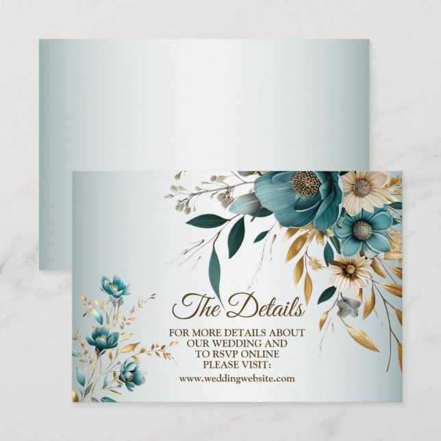 Wedding Party Turquoise White Flower Golden Leaves Enclosure Card (Front/Back)