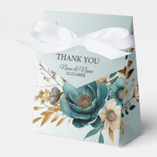 Wedding Party Turquoise White Flower Golden Leaves Favour Box
