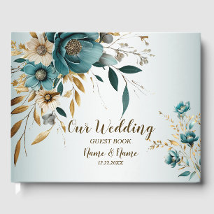Wedding Party Turquoise White Flower Golden Leaves Guest Book