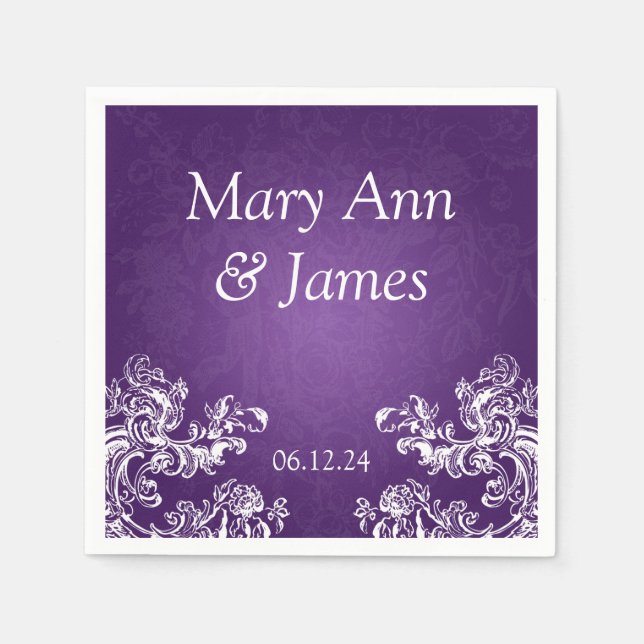 Wedding Party Vintage Swirls 2 Purple Napkin (Front)