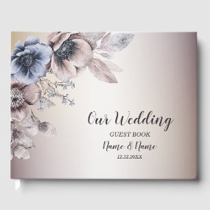 Wedding Party Watercolor Pastel Blue Beige Flowers Guest Book