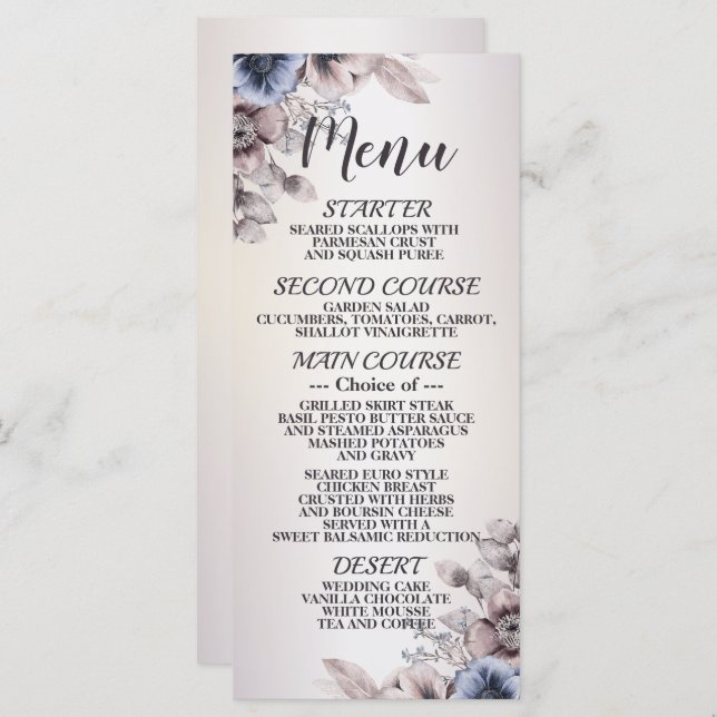 Wedding Party Watercolor Pastel Blue Beige Flowers Menu (Front/Back)