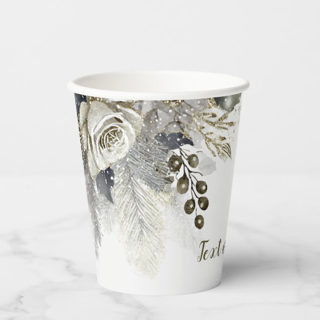 Wedding Party Watercolor Silver Golden White Roses Paper Cups (Front)