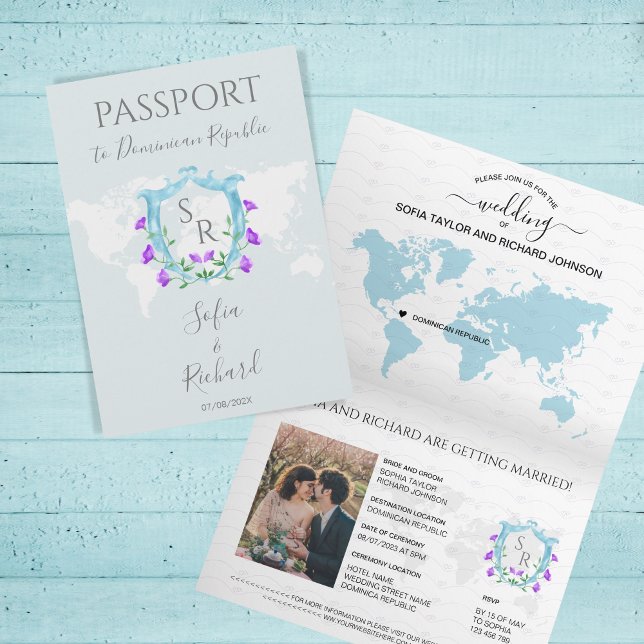 Wedding Passport Dusty Blue Crest Monogram Invitation (Creator Uploaded)