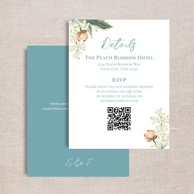Wedding Peach Blue Details QR Code RSVP Enclosure Card (Wedding details card with a scannable QR code template. )
