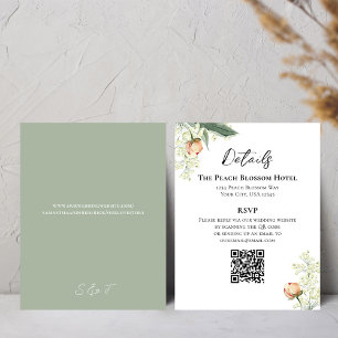 Wedding Peach Details QR Code RSVP Green Enclosure Card