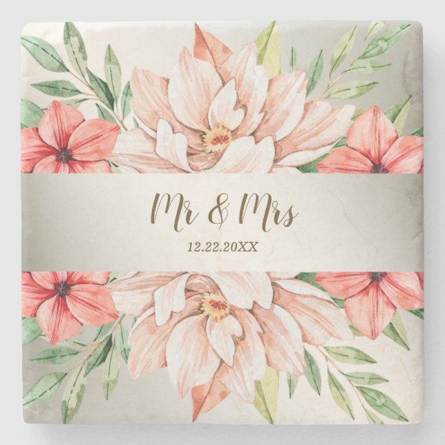 Wedding Peach Pink Orange Floral Green Leaves Stone Coaster (Front)