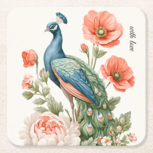 Wedding Peacock Botanical Vintage   Elegant Table  Square Paper Coaster