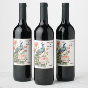 Wedding Peacock Botanical Vintage   Elegant Table  Wine Label