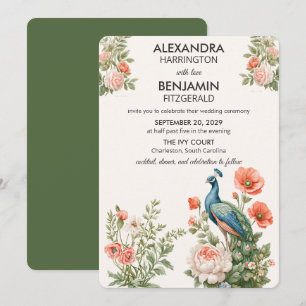 Wedding Peacock Botanical Vintage Floral Art Invitation