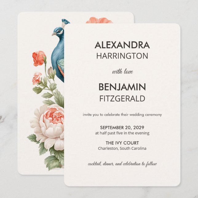 Wedding Peacock Botanical | Vintage Floral Art Invitation (Front/Back)