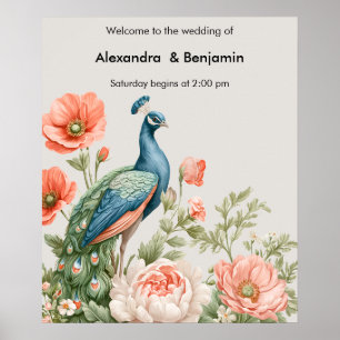 Wedding Peacock Botanical   Vintage Floral Art Poster