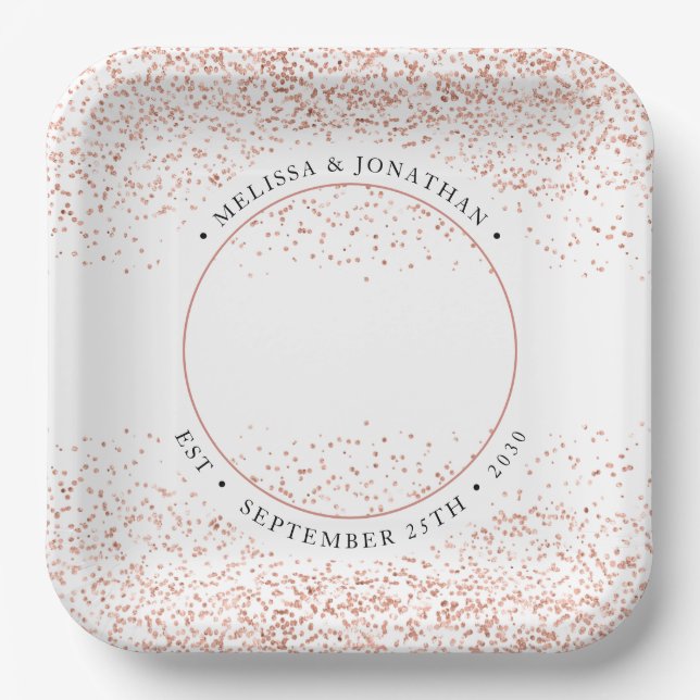 Wedding Personalise Rose Gold Glitter Photo Square Paper Plate (Front)