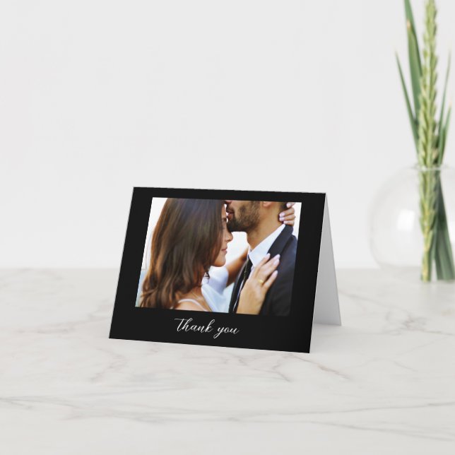 Wedding Photo Black Elegant Script Minimalist  Thank You Card (Front)
