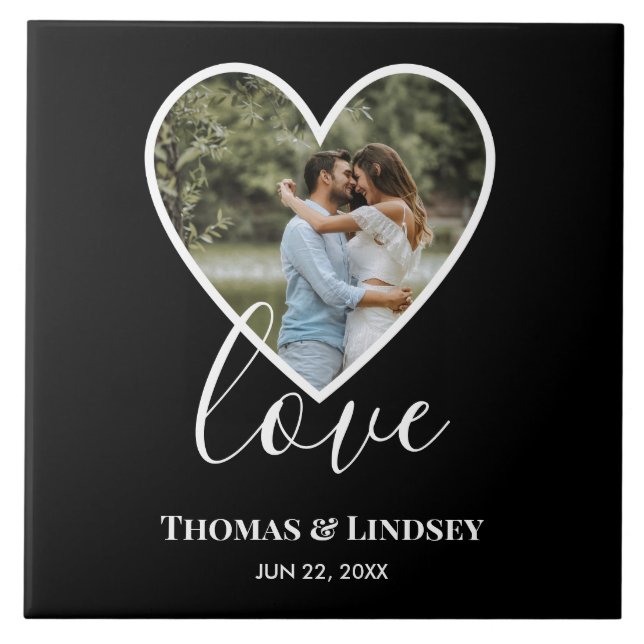 Wedding Photo Black Heart Frame Modern Calligraphy Tile (Front)