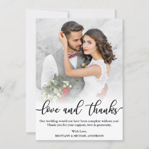 Wedding Photo Black Script Love and Thanks Card