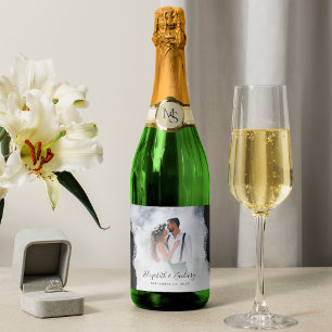 Wedding Photo Black Silver Agate Sparkling Wine Label