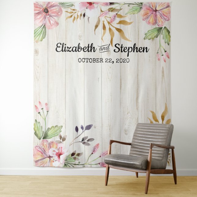 Wedding Photo Booth Backdrop Flowers Rustic Wood Tapestry (In Situ)