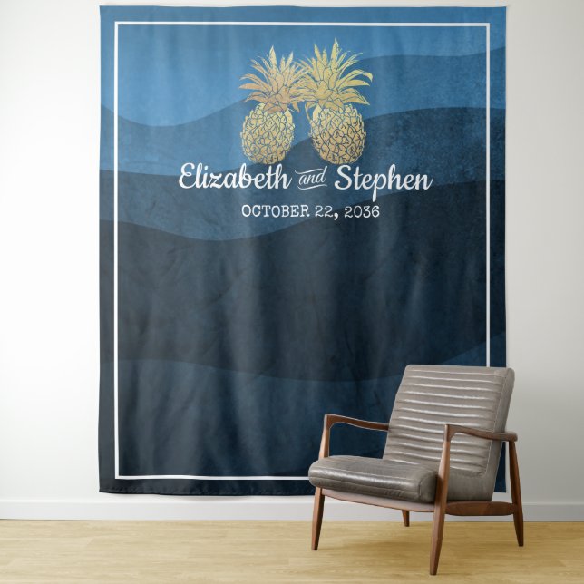 Wedding Photo Booth Backdrop Gold Pineapple Couple Tapestry (In Situ)