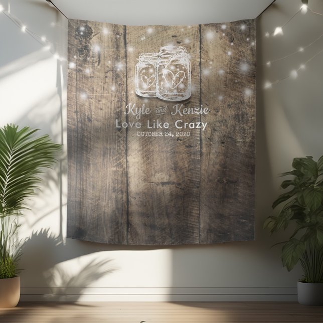 Wedding Photo Booth Backdrop Wood Mason Jar Lights Tapestry (Creator Uploaded)