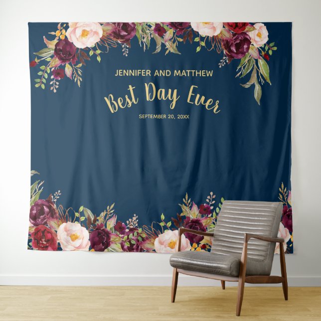 Wedding Photo Booth Burgundy Floral Navy Gold Tapestry (In Situ (Horizontal))