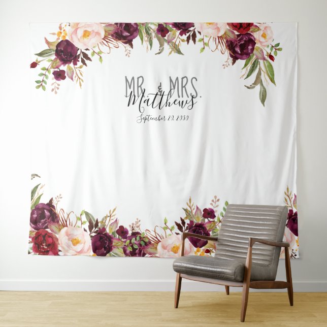 Wedding Photo Booth Burgundy Red Floral Watercolor Tapestry (In Situ (Horizontal))