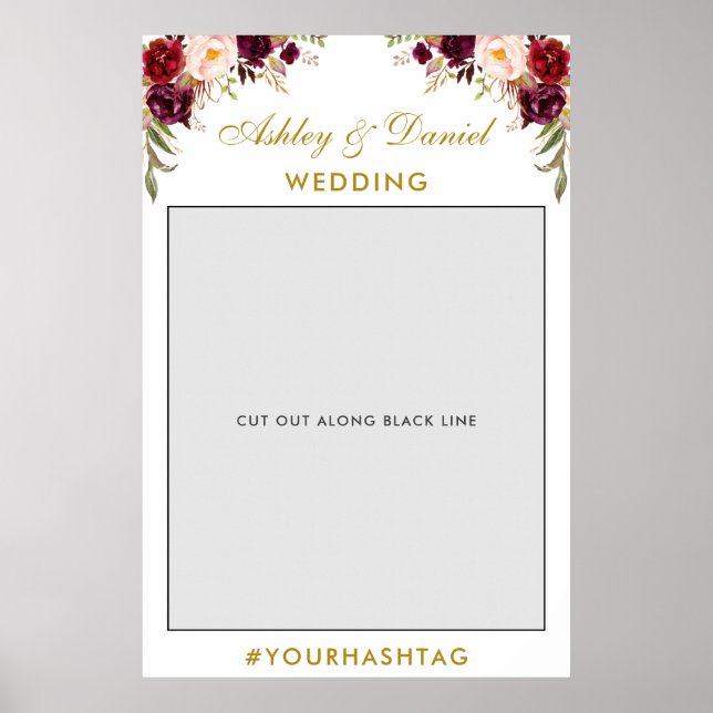 Wedding Photo Booth Prop | Gold Burgundy Poster (Front)