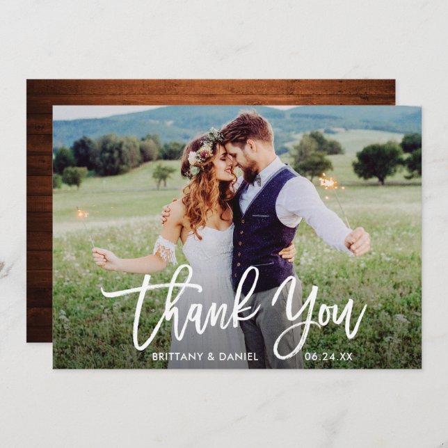 Wedding Photo Brush Script Wood Thank You Card (Front/Back)