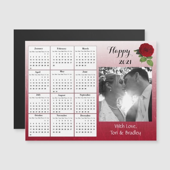 Wedding Photo Burgundy Roses Mini 2021 Calendar Magnetic Invitation (Front/Back)