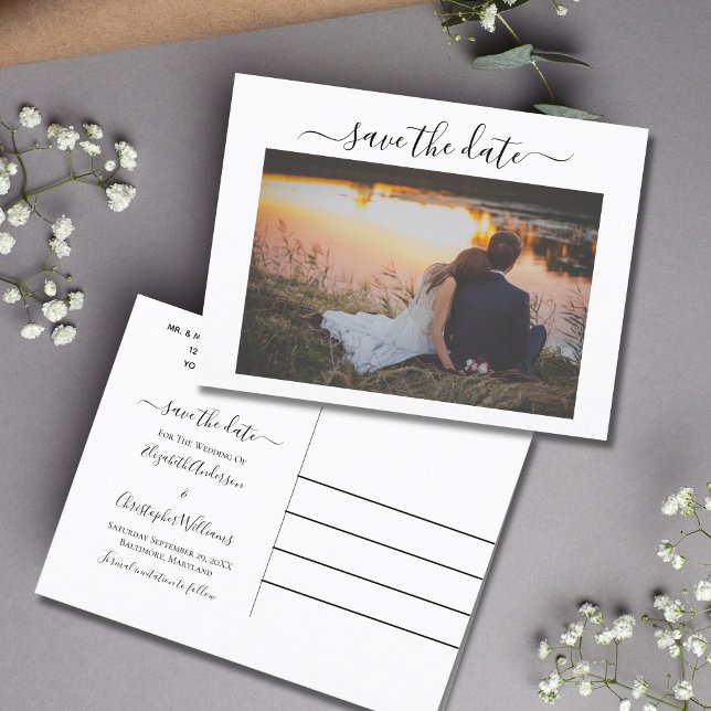 Wedding Photo Calligraphy Budget Save the date Announcement Postcard (Photo Wedding Save the Date Postcard. Formal Script Calligraphy)