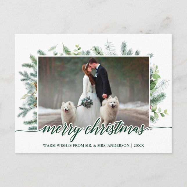 Wedding Photo Calligraphy Christmas Pine Greenery Postcard (Front)