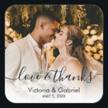 Wedding Photo Calligraphy Script Photo Thank You C Square Sticker<br><div class="desc">Modern Pretty Calligraphy Black White Script Thank You | Couple Photo Wedding sticker/label for yor gift favour. Featuring an elegant handwritten style calligraphy overlay with text „Love and Thanks”.</div>